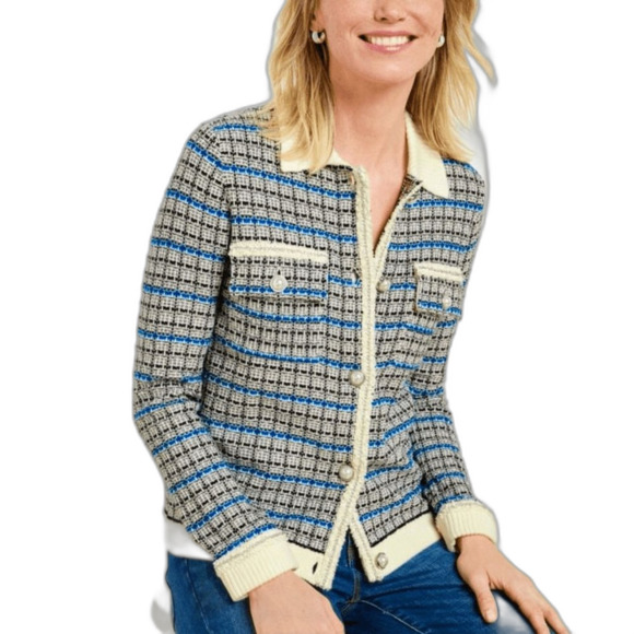 Talbots tweed Mademoiselle plaid coatigan Size XS pearl buttons old money - Picture 2 of 11